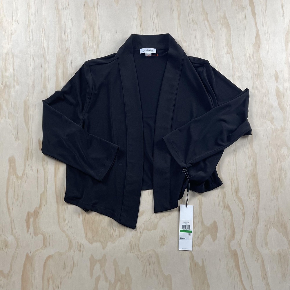 Calvin Klein Blazer Jacket Womens Large Black Open Front Lightweight Knit